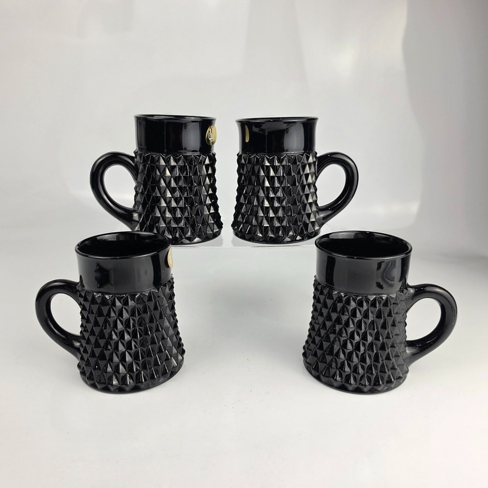 Tiara Exclusive Black Diamond Point‎ Glass Coffee Mugs Set of 4 Cameo Black NOS